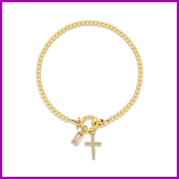 Gold Beaded Stretch Bracelet with Cross Charm and Birthstone - Picture 2 of 8